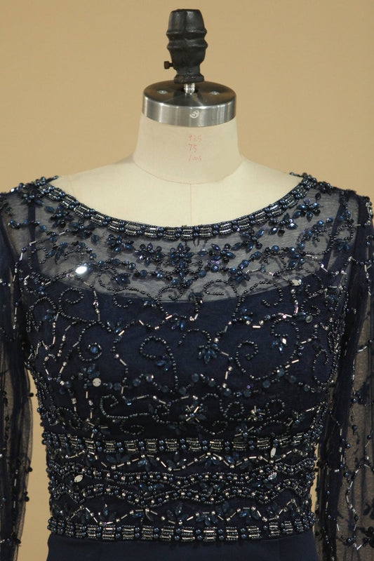 Dark Navy Spandex Scoop 3/4 Length Sleeves Beaded Bodice Mother Of The Bride Dresses Mermaid/Trumpet