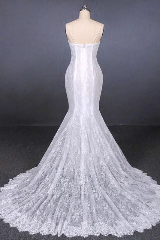 Charming Mermaid Spaghetti Straps Ivory Sweetheart Wedding Dresses with Applique SRS15109