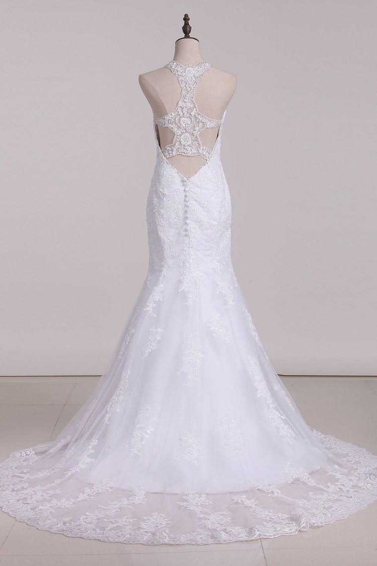 2024 Halter Mermaid Wedding Dresses With Applique Tulle Chapel Train