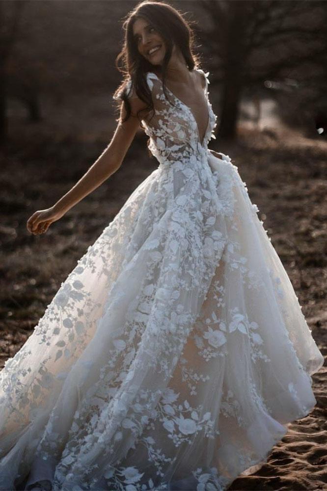 A Line Ivory V Neck Country Wedding Dresses with Appliques, Beach Wedding Gowns SJS15548