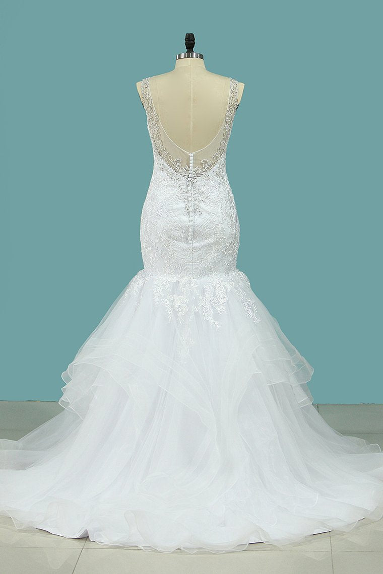 2024 Tulle Mermaid Wedding Dresses Straps Beaded Neckline Court Train