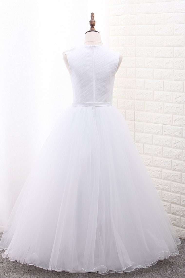 A Line Scoop Flower Girl Dresses Tulle With Handmade Flower Ankle Length