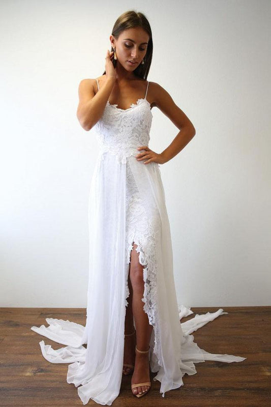 Spaghetti Straps Sweetheart White Lace Wedding Dresses with Chiffon Beach Bridal Dress SRS15420