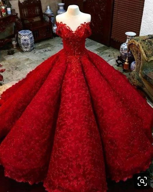 Ball Gown Red V Neck Long Off the Shoulder Prom Dresses, Quinceanera Dresses SRS15563