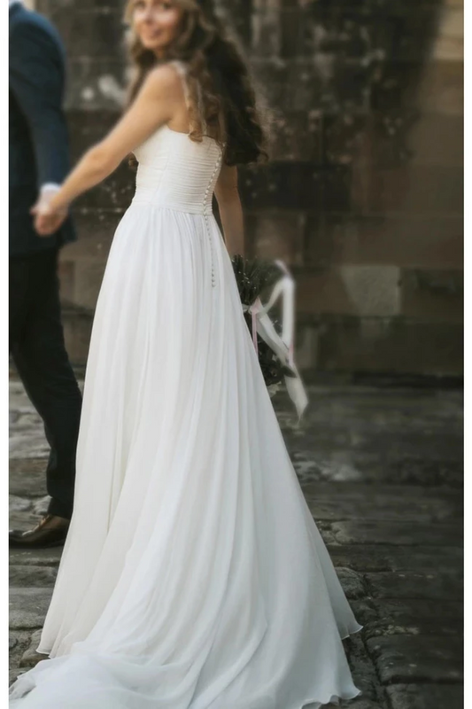 Fairy A-Line V Neck Sleeveless Chiffon Beach Wedding Dresses With Button Simple Bridal SJSP6DZLT86