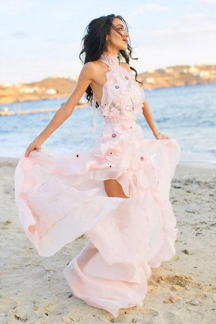 Boho Halter Backless Light Pink Chiffon Beach Wedding Dresses with Appliques Ruffles SJS15082