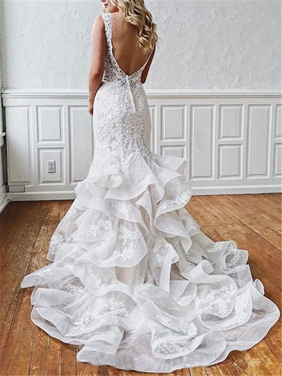 Stunning Mermaid Lace V Neck Backless Wedding Dresses Straps Wedding Gowns SRS15438