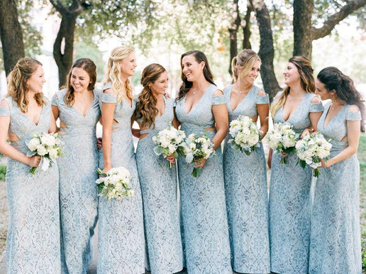 Mermaid Lace Baby Blue V Neck Bridesmaid Dresses for Wedding SRS15653