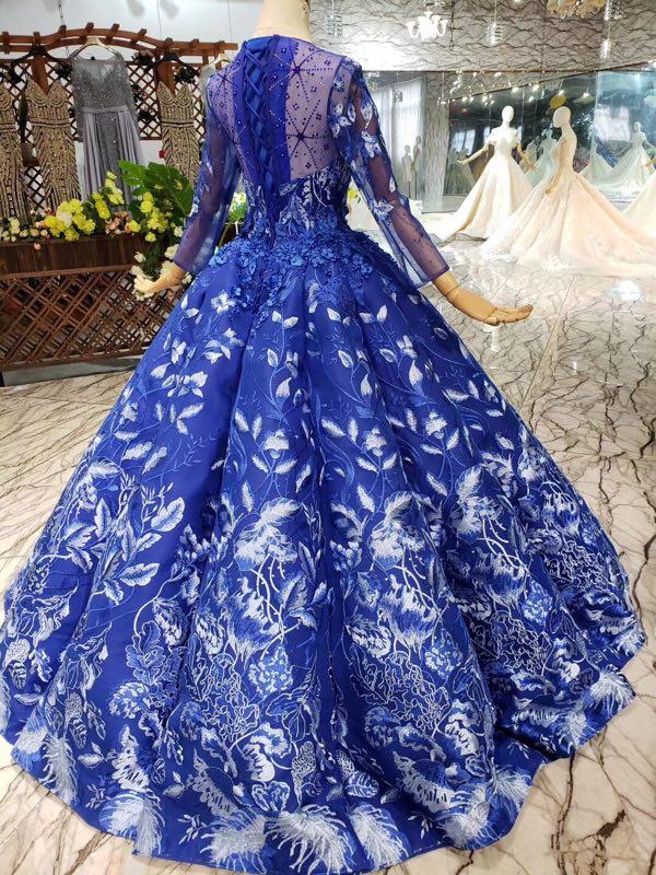 Ball Gown Blue Round Neck Prom Dresses with Beads Lace up Quinceanera Dresses JS784