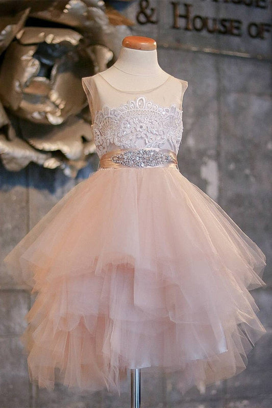 Blush Pink Flower Girl Dresses Cap Sleeve Asymmetric Tulle Lace Top Cute Dress for Kids JS99