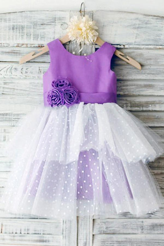 Ball Gown Ivory Scoop Neck Satin Purple Tulle Ankle-length Tiered Child Flower Girl Dresses JS736