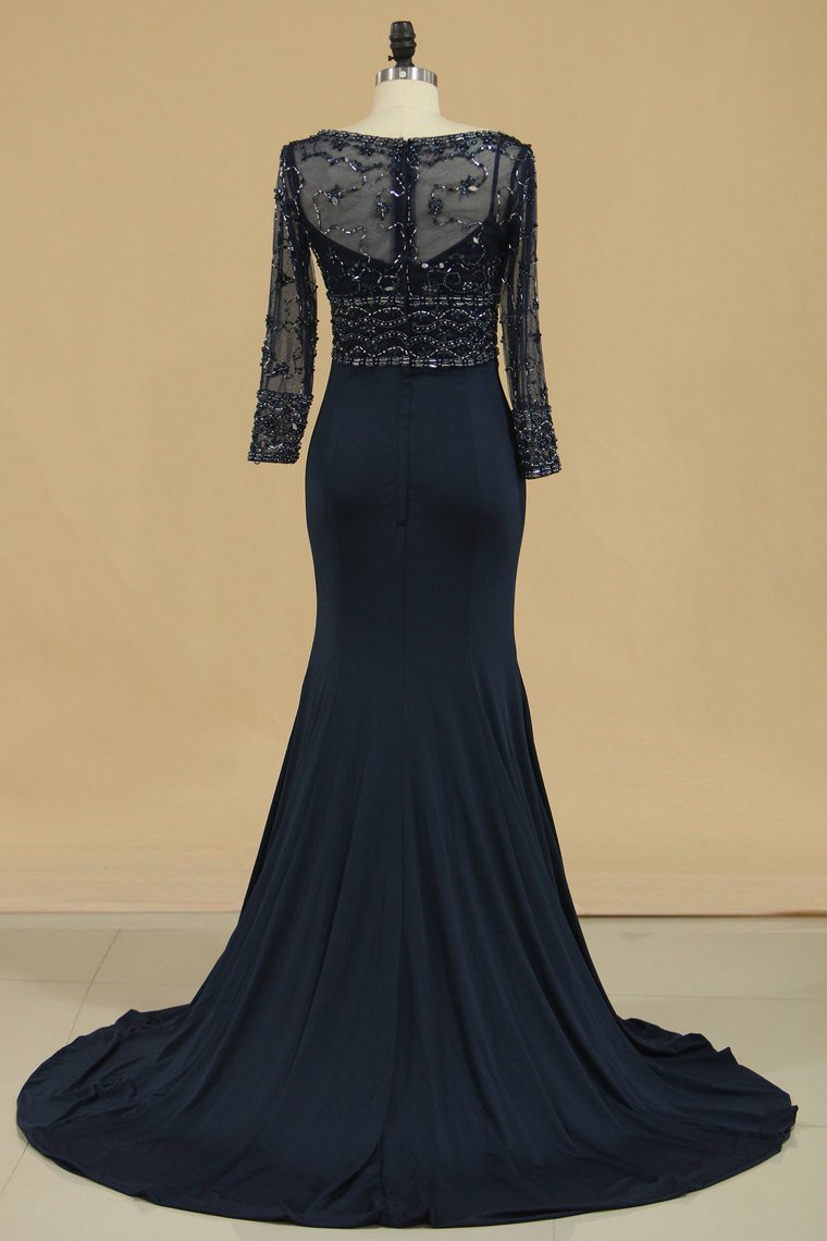 Dark Navy Spandex Scoop 3/4 Length Sleeves Beaded Bodice Mother Of The Bride Dresses Mermaid/Trumpet