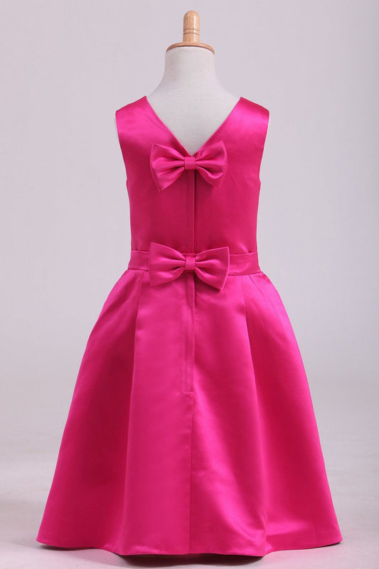 2024 Fuchsia Scoop A Line Flower Girl Dresses Satin With Ribbon Knee Length