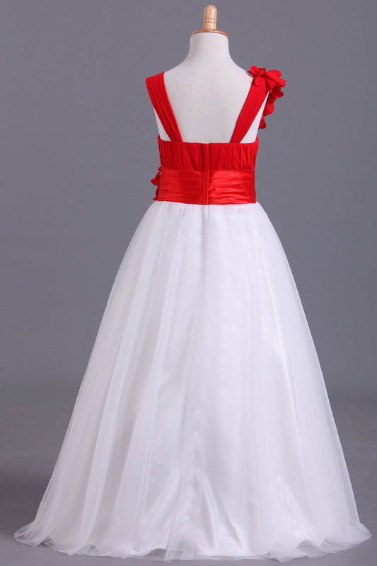 Bicolor Straps A-Line Chiffon & Tulle Flower Girl Dresses With Ruffles