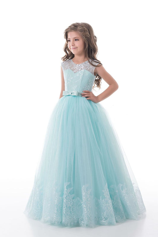 Scoop With Applique And Sash Tulle A Line Floor Length Flower Girl Dresses