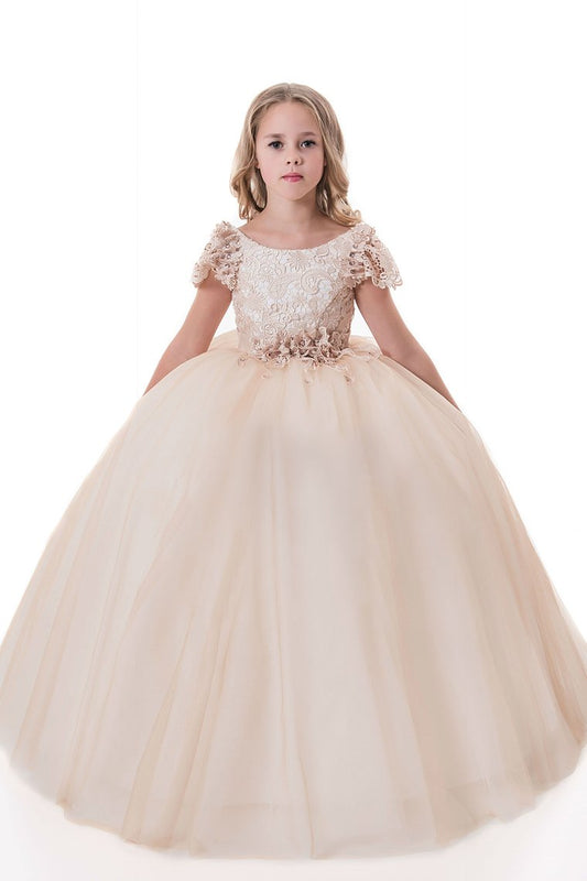 Ball Gown Flower Girl Dresses Scoop Short Sleeves Tulle With Applique