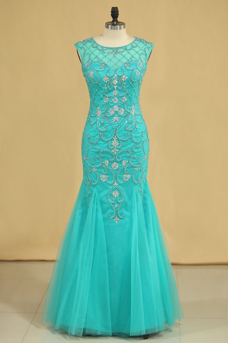 Plus Size Scoop Mermaid Prom Dresses Beaded Bodice Tulle Floor Length