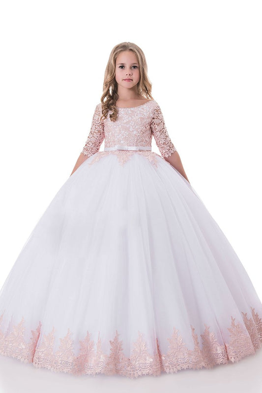 Scoop Ball Gown Mid-Length Sleeves Tulle With Applique Flower Girl Dresses