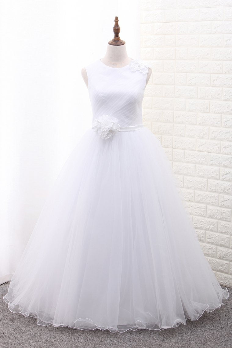 A Line Scoop Flower Girl Dresses Tulle With Handmade Flower Ankle Length