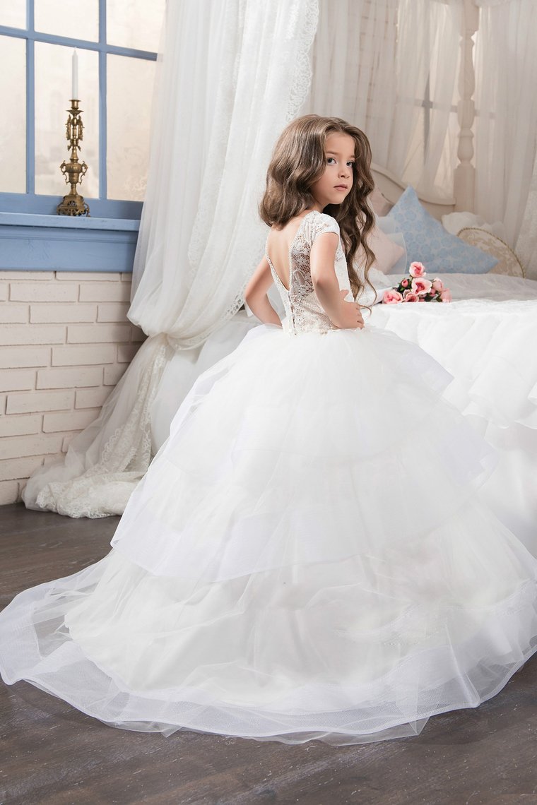 Flower Girl Dresses Ball Gown Scoop Short Sleeves Tulle With Handmade Flowers