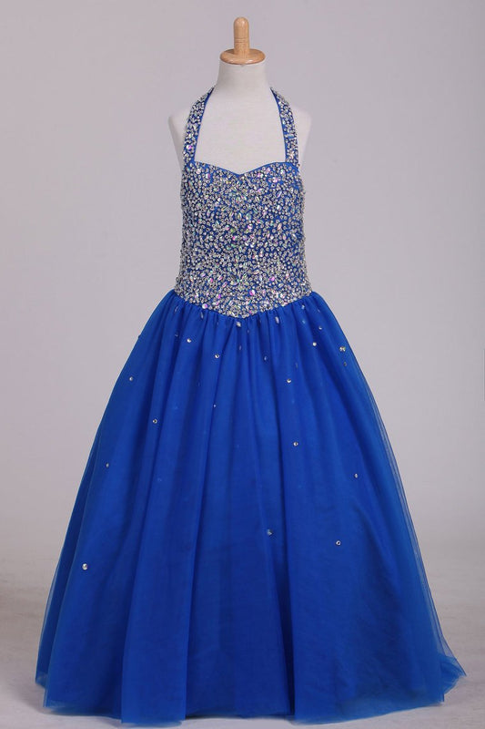 Flower Girl Dresses Halter Beaded Bodice A Line Tulle Royal Blue