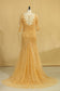 Plus Size Half Sleeves V Neck Mother Of The Bride Dresses Mermaid Tulle With Applique Sweep Train Color Gold