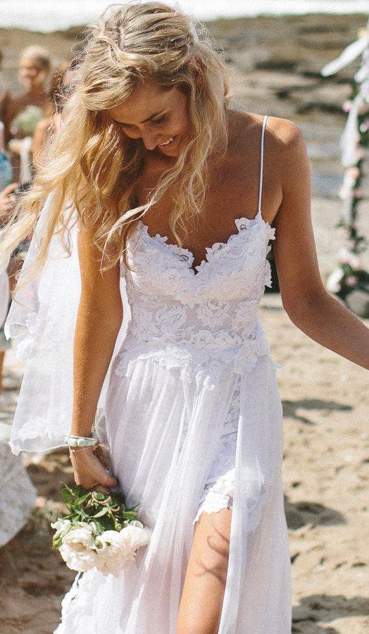 Beach Simple Casual White A-line V Neck Spaghetti Straps Wedding Dress