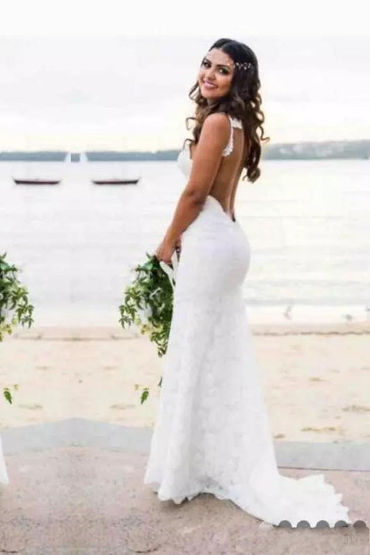 Sexy Lace Mermaid Spaghetti Straps V Neck Backless Beach Wedding Dresses uk PW236