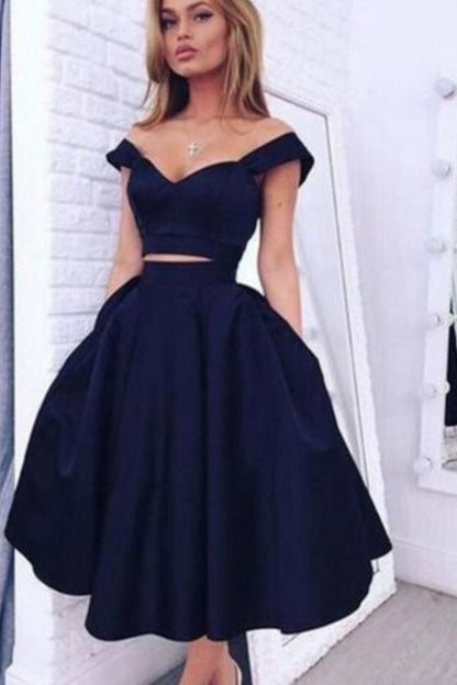 Two Pieces Off Shoulder Navy Blue Short Homecoming Dresses,Short Prom Gowns