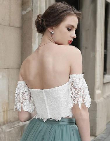 White Lace Tulle Two Pieces Off Shoulder Short Sleeve Short Prom Dress Homecoming Dress