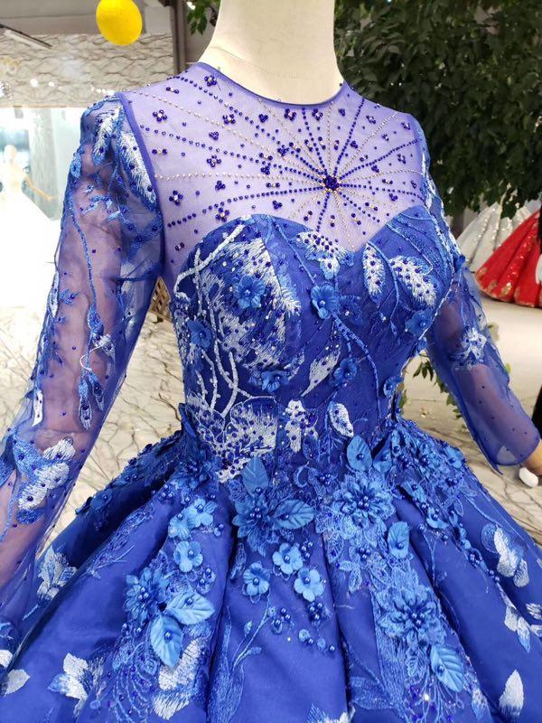 Ball Gown Blue Round Neck Prom Dresses with Beads Lace up Quinceanera Dresses JS784