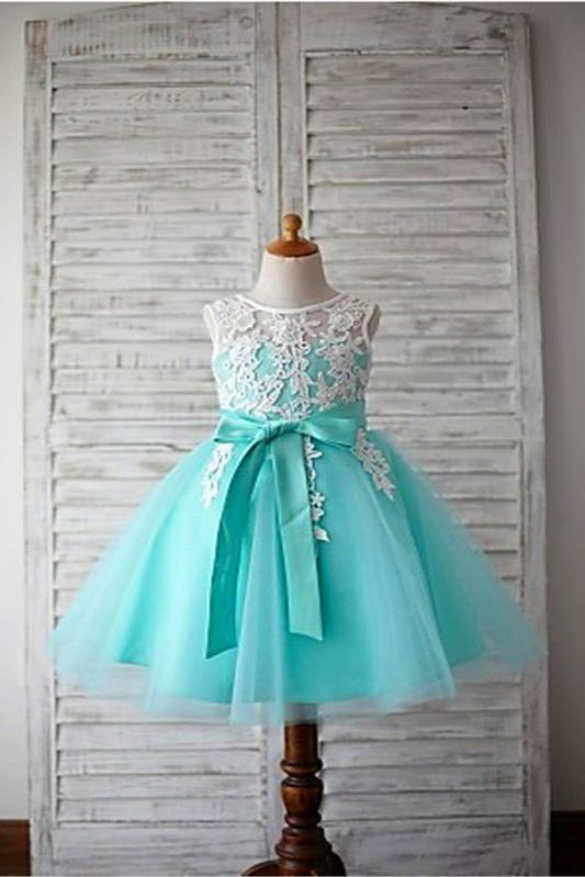 Blue Ball Gown Scoop Sleeveless Bowknot Floor-Length Tulle Appliques Flower Girl Dresses GD00008