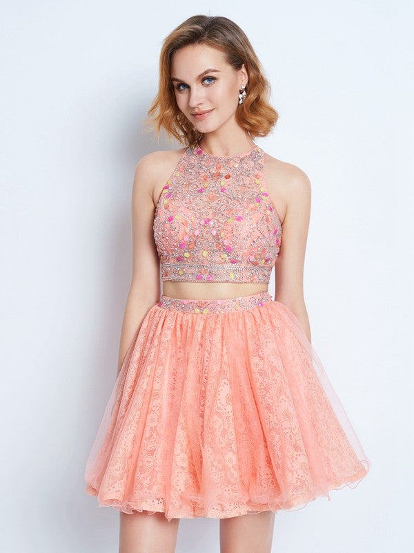 A-Line/Princess Homecoming Dresses Jewel Sleeveless Nancy Lace Beading Short/Mini Two Piece Dresses