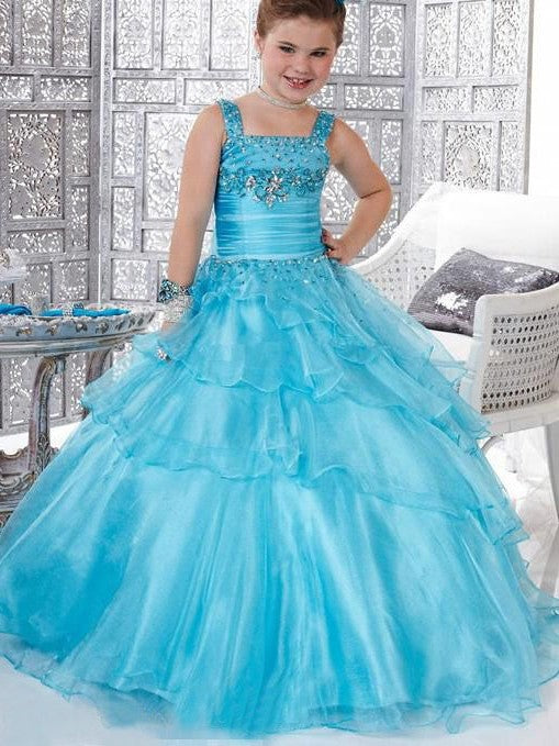 Gown Long Straps Beading Sleeveless Ball Organza Flower Girl Dresses