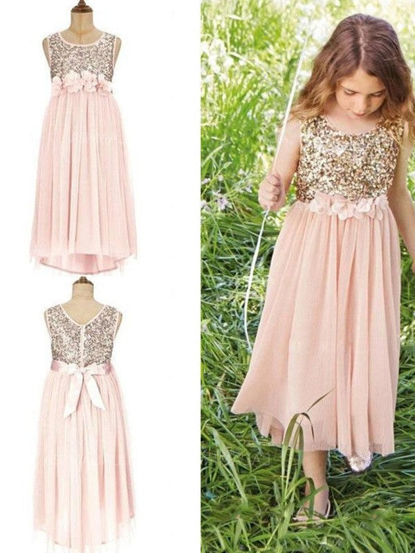 Asymmetrical Sleeveless A-Line/Princess Scoop Chiffon Sequin Flower Girl Dresses