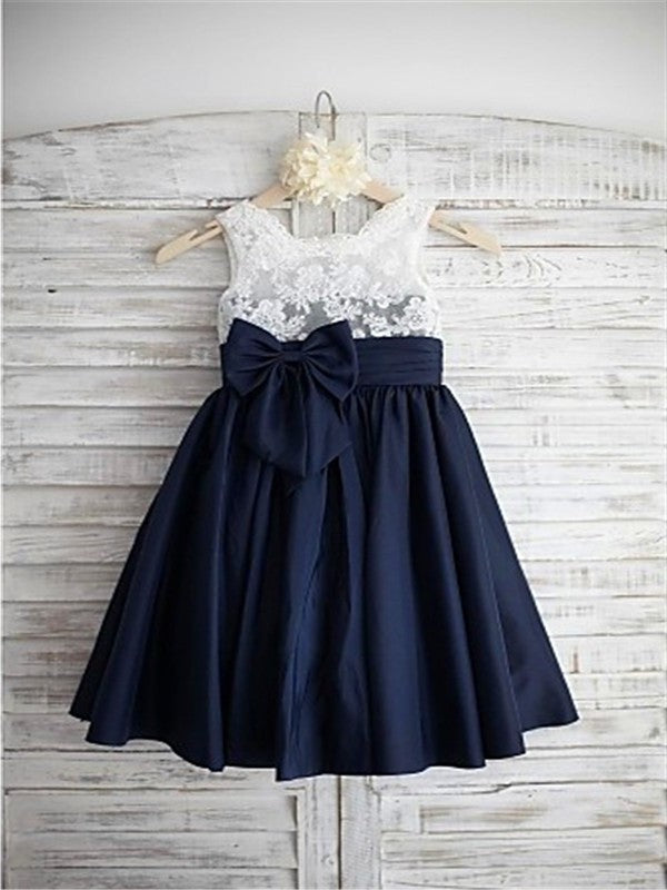 Sleeveless Straps Tea-Length A-line/Princess Taffeta Bowknot Flower Girl Dresses