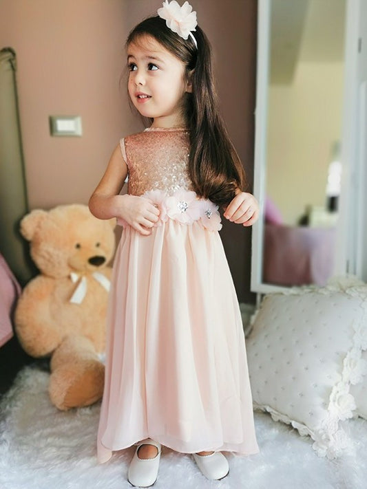 A-Line/Princess Scoop Sleeveless Floor-Length Chiffon Sequin Flower Girl Dresses