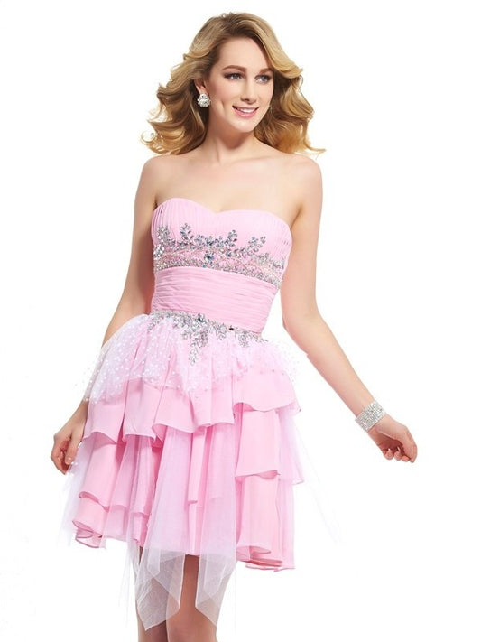 A-Line/Princess Sweetheart Sleeveless Beading Short Chiffon Homecoming Dresses