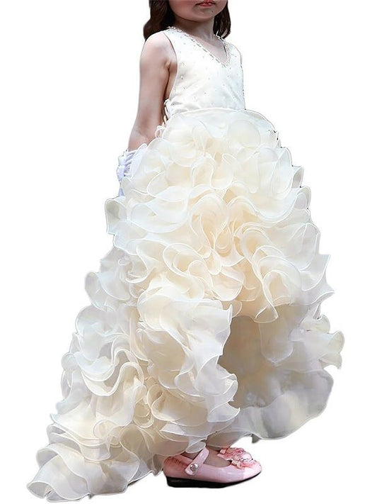 Organza Ruffles A-line/Princess Sleeveless Asymmetrical V-neck Flower Girl Dresses