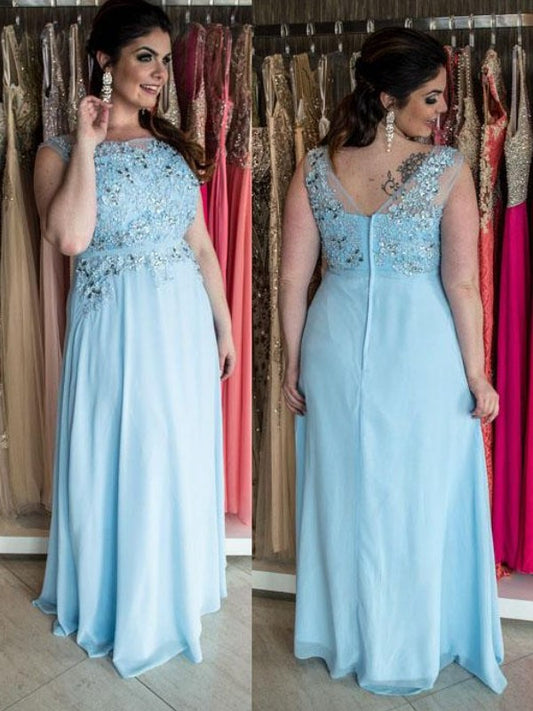 A-Line/Princess Chiffon Sleeveless Beading Bateau Floor-Length Plus Size Dresses