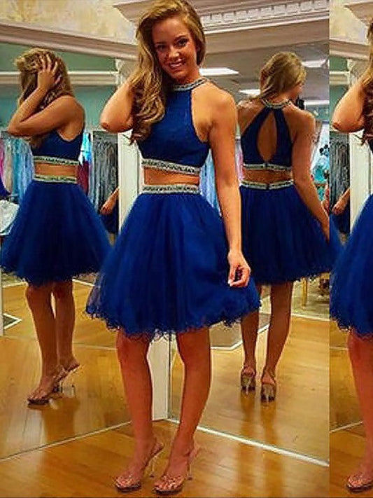 Homecoming Dresses A-Line/Princess Sleeveless Halter Beading Alexus Tulle Short/Mini Two Piece Dresses