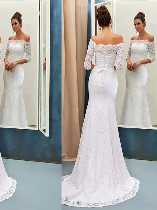 Trumpet/Mermaid Lace Sweep/Brush Long Train Off-the-Shoulder Sleeves Wedding Dresses