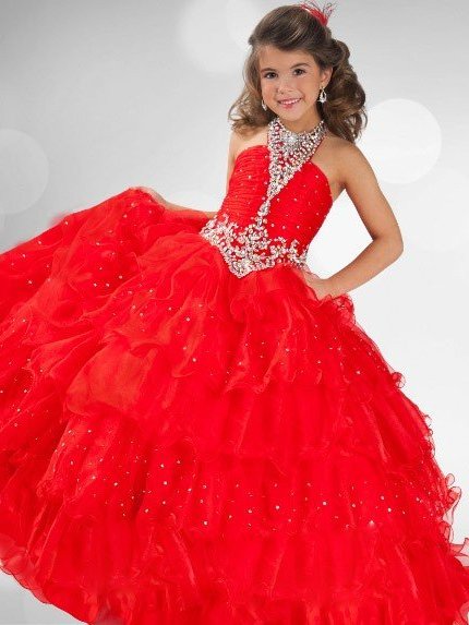 Sequin Organza Long Gown Halter Ball Sleeveless Rhinestone Flower Girl Dresses