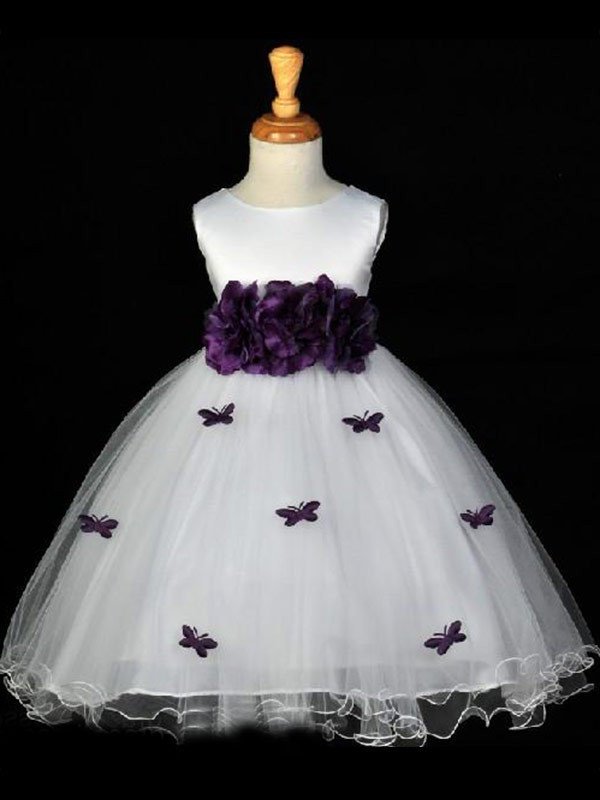 A-line/Princess Sleeveless Flower Organza Scoop Long Hand-made Flower Girl Dresses