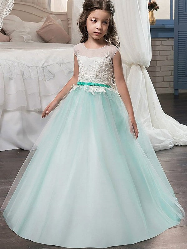 Gown Ball Tulle Sash/Ribbon/Belt Sleeveless Jewel Floor-Length Flower Girl Dresses