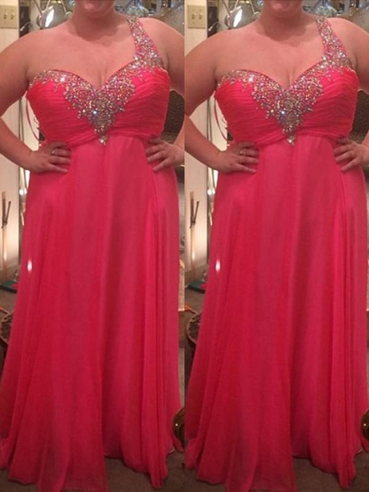 A-Line/Princess Chiffon Floor-Length Sleeveless One-Shoulder Beading Plus Size Dresses