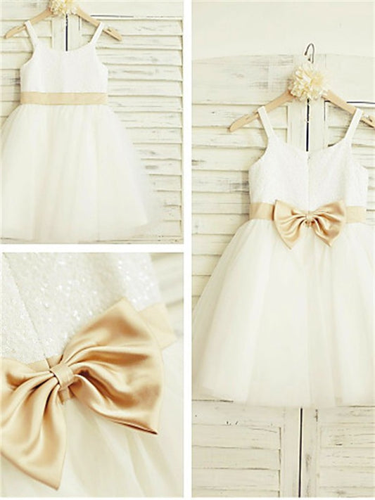 Tulle Sleeveless Knee-Length A-line/Princess Spaghetti Bowknot Straps Flower Girl Dresses