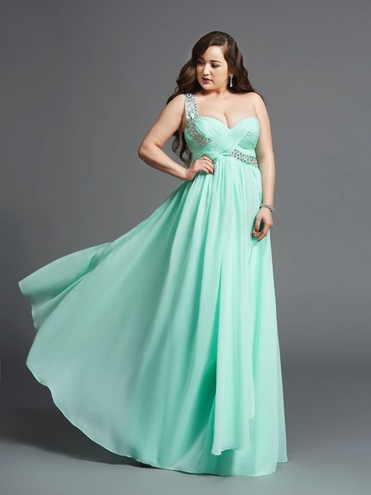 A-Line/Princess Sleeveless One-Shoulder Chiffon Rhinestone Long Plus Size Dresses