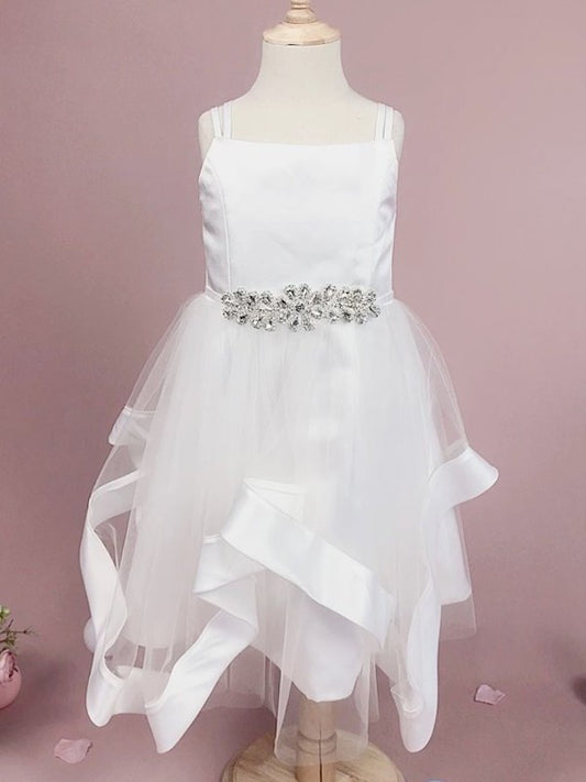 Beading Straps Tea-Length A-Line/Princess Sleeveless Tulle Flower Girl Dresses