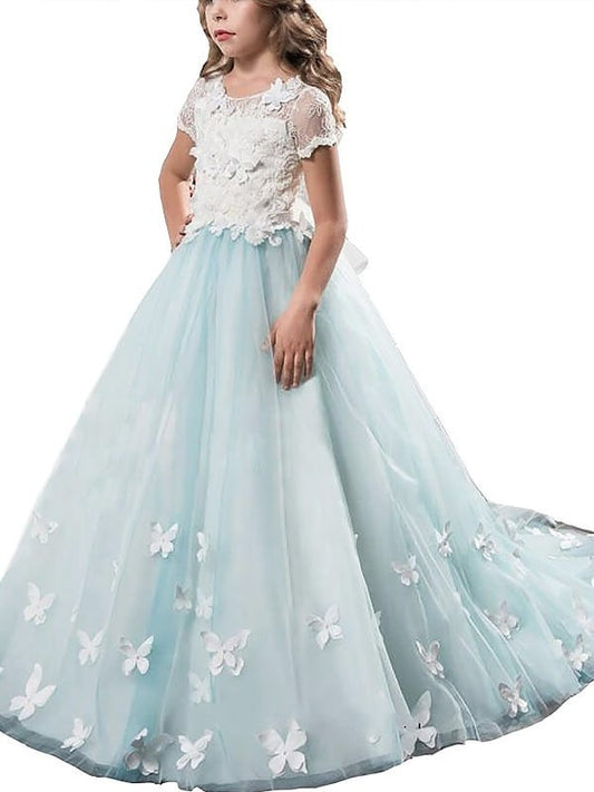 Scoop Short A-line/Princess Sleeves Floor-Length Lace Tulle Flower Girl Dresses